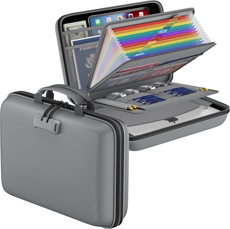 DocSafe Fireproof File Organizer with Lock, Hard-Shell Case Fireproof Document Box with 13 Pocket Accordion File Folder, Portable Home Office Travel Safe Storage for Important Documents Laptop Gray - Image 1